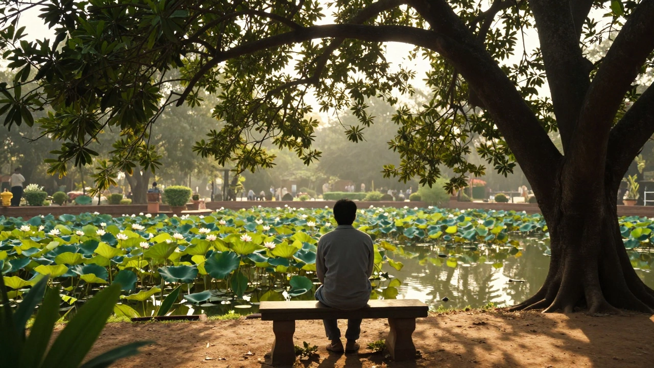 A person sitting peacefully on a stone bench in a lush Indian garden at sunset.