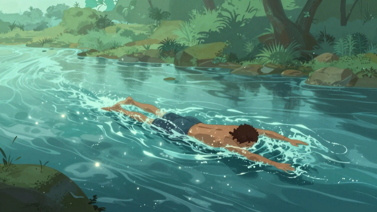 A person swimming in harmony with a glowing river of light in a lush landscape.