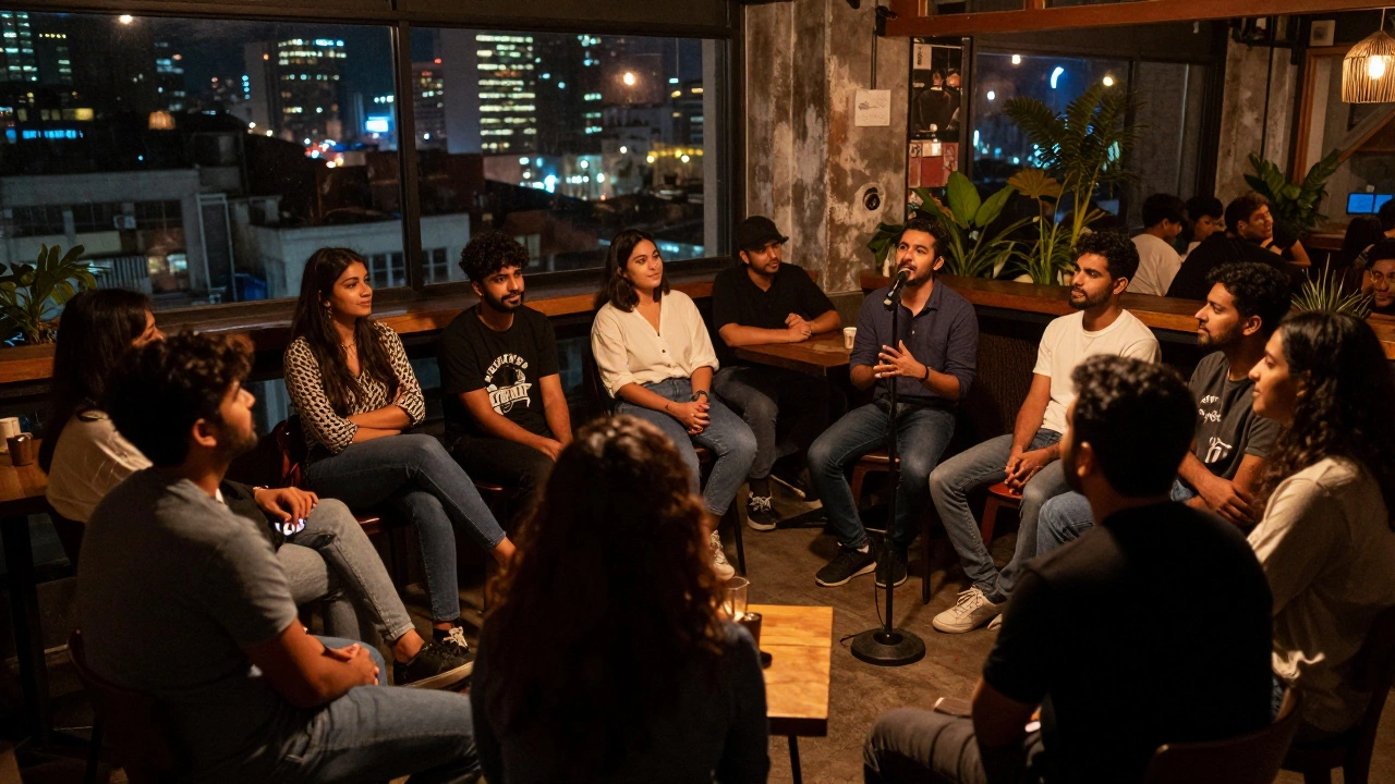 A young poet performing at an intimate poetry slam in a warmly lit Indian urban cafe.