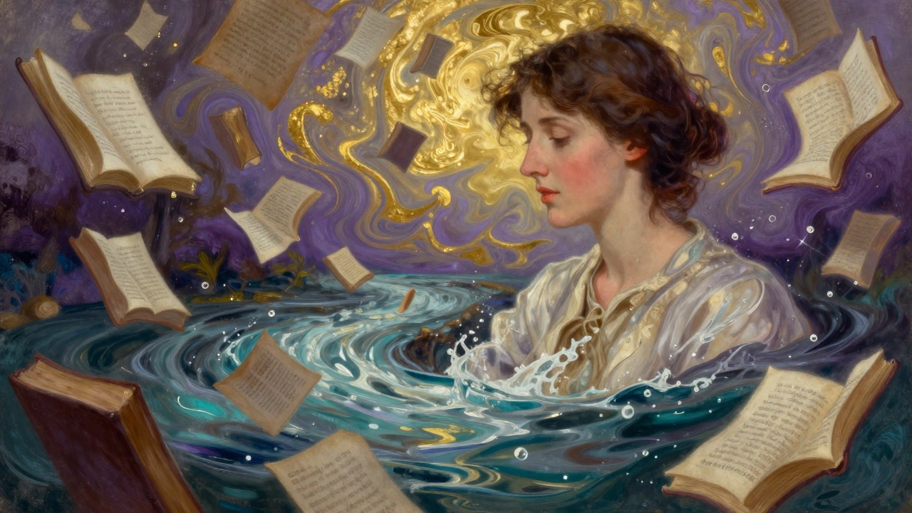 An abstract, swirling painting blending books and river currents to represent a fluid mind.