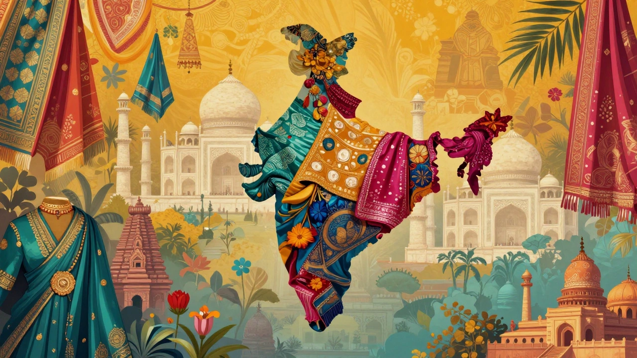 Artistic collage of Indian regional textiles and architecture within a map silhouette.