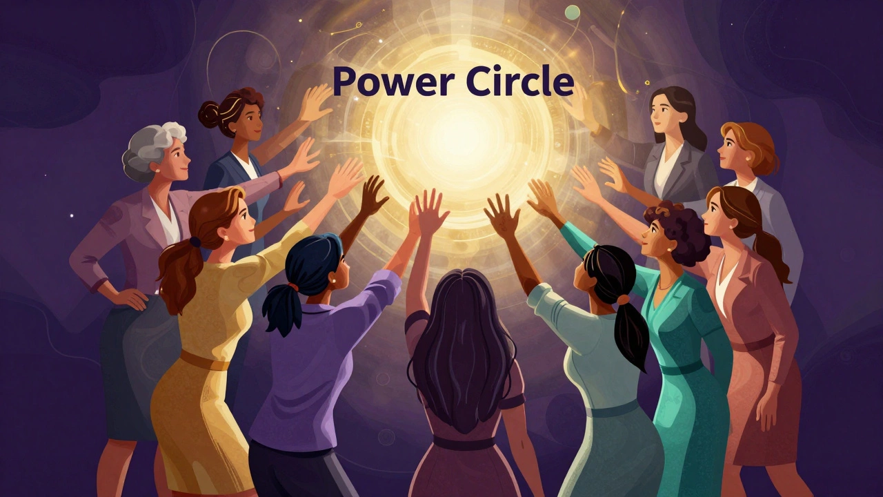 Group of professional women supporting and lifting each other up in a glowing circle
