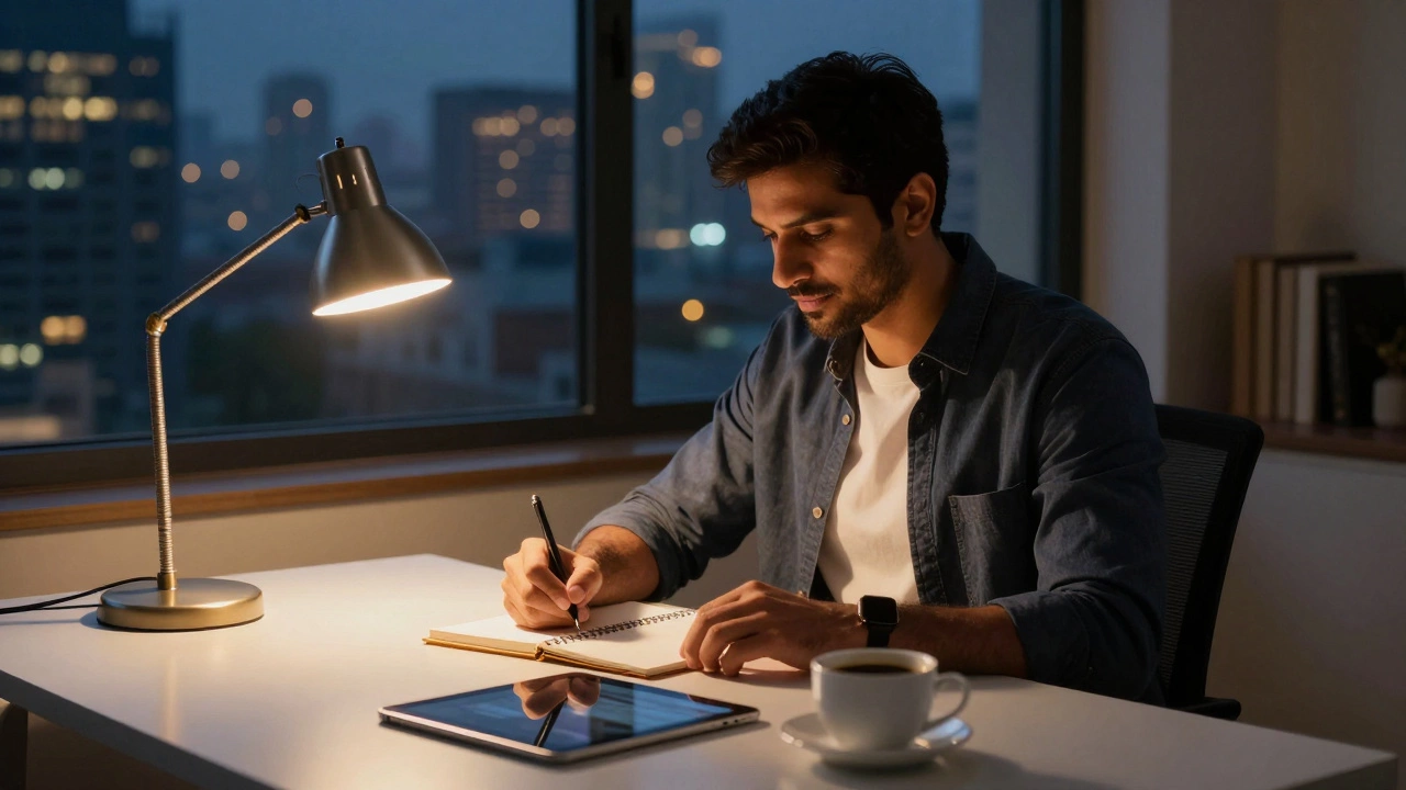 Modern workspace at night with a desk lamp and city lights in the background.