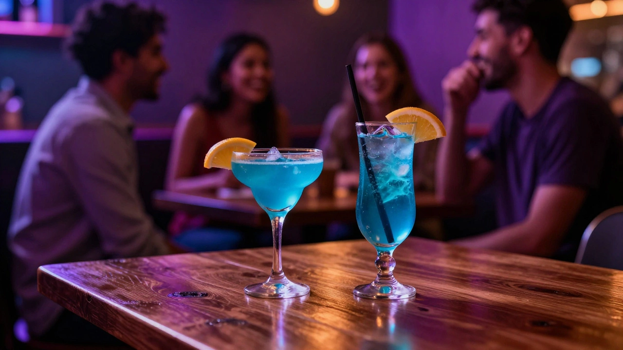 Two colorful cocktails on a wooden table in a neon-lit social lounge.