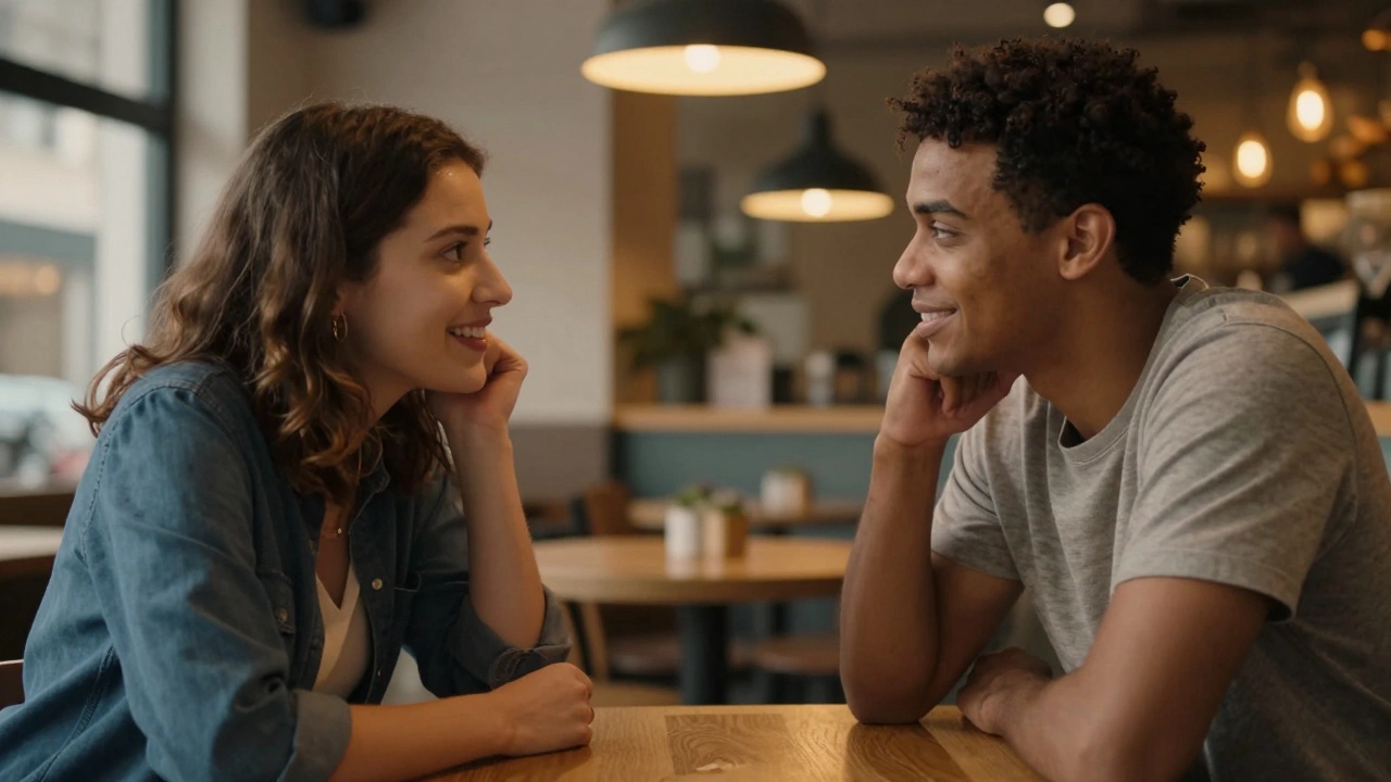 Two people of different ethnicities engaged in a respectful conversation at a cafe.