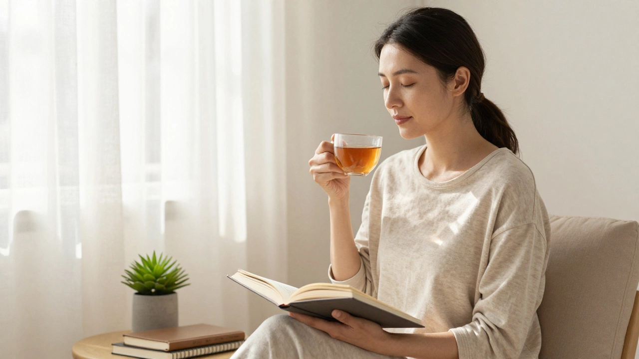 Woman relaxing with a book and tea in a peaceful, sunlit room