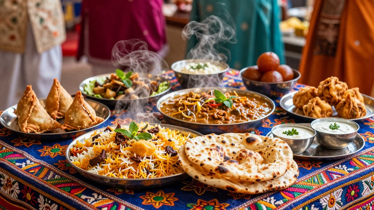 Abundant Indian feast with biryani, sweets, and snacks