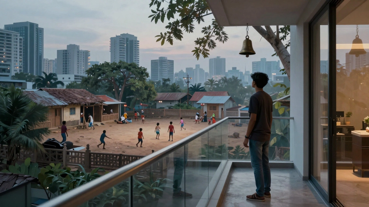 City dweller reflecting on childhood village memories through glass