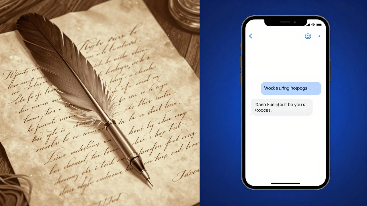 Contrast between vintage quill writing and modern smartphone texting