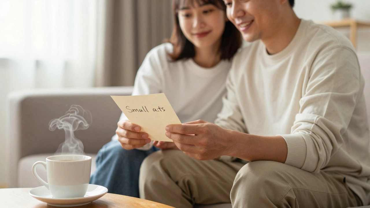 Couple sharing a handwritten note and coffee in a sunny room