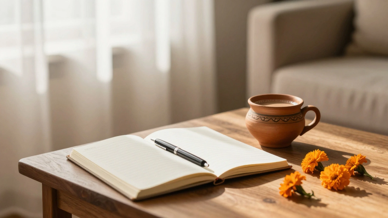 Cozy morning journaling setup with chai and marigolds