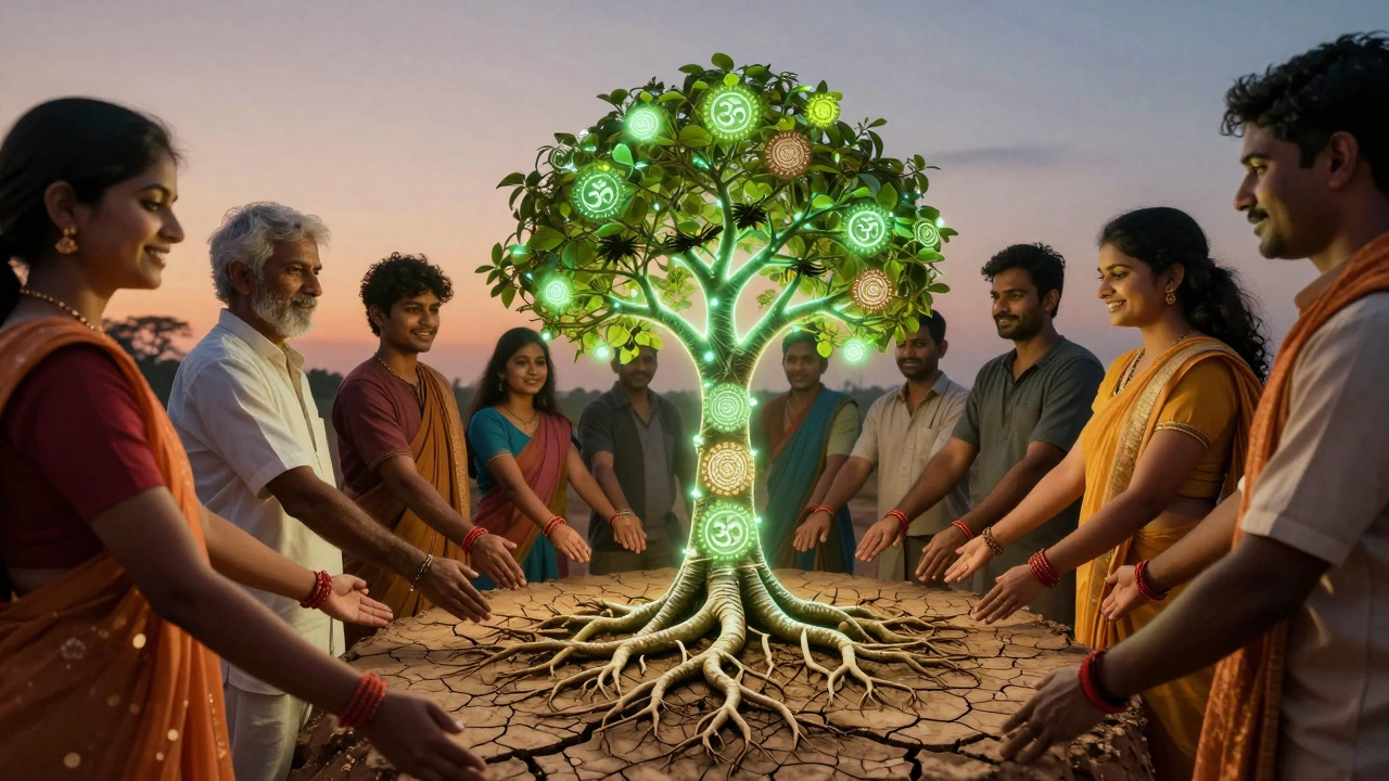 Diverse people holding hands around a glowing resilient tree