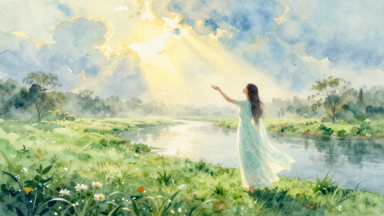 Ethereal figure by river in misty landscape, symbolizing spiritual longing and peaceful reflection.