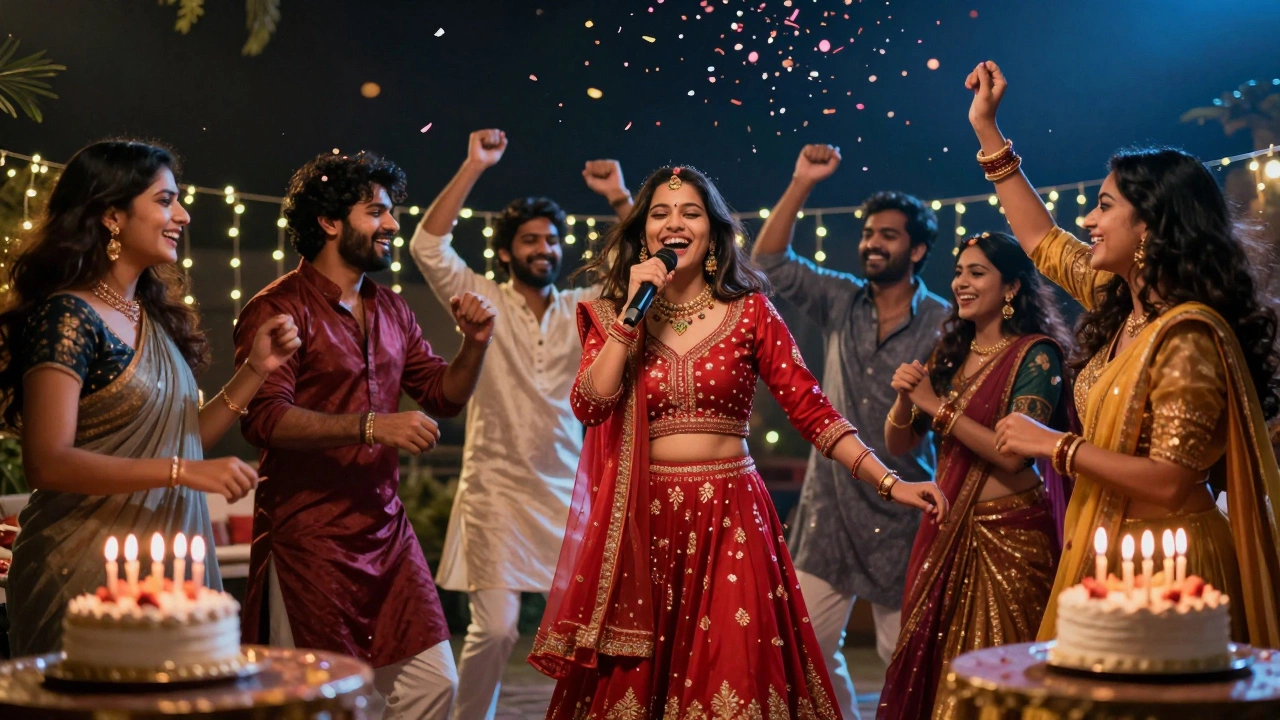 Family dancing joyfully at a lively Indian birthday party
