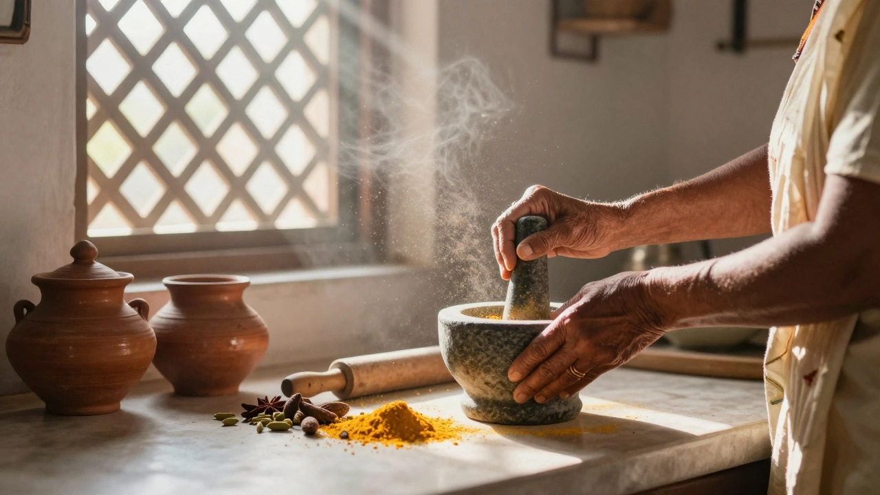 Grandmother grinding spices in a sunlit traditional Indian kitchen