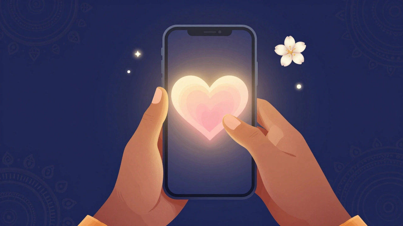 Hands holding phone glowing with romantic digital light