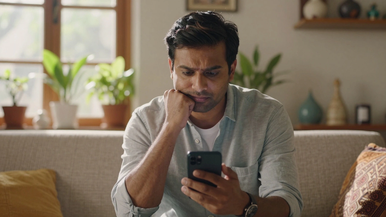 Man reflecting on phone usage in a sunny, peaceful room