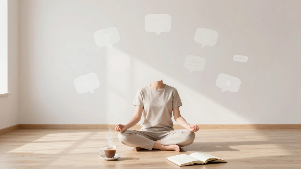 Person meditating in minimalist room as digital distractions fade away