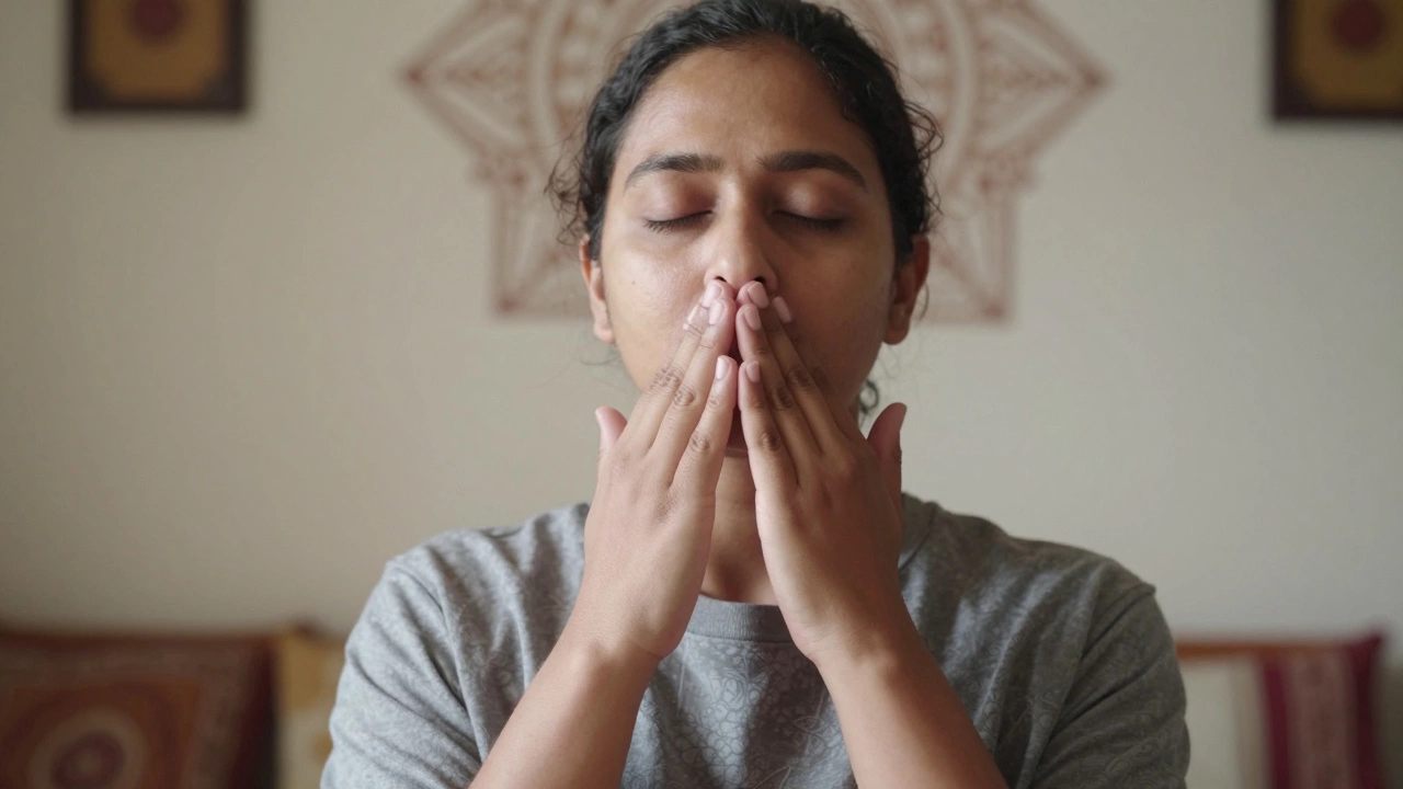 Person practicing alternate nostril breathing in a sunlit room, showing mindfulness and peace.