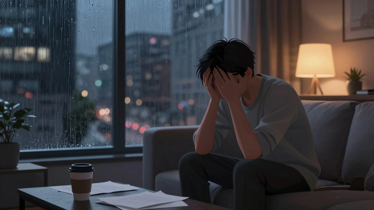 Person sitting alone in rainy apartment at night, conveying modern urban loneliness and exhaustion.
