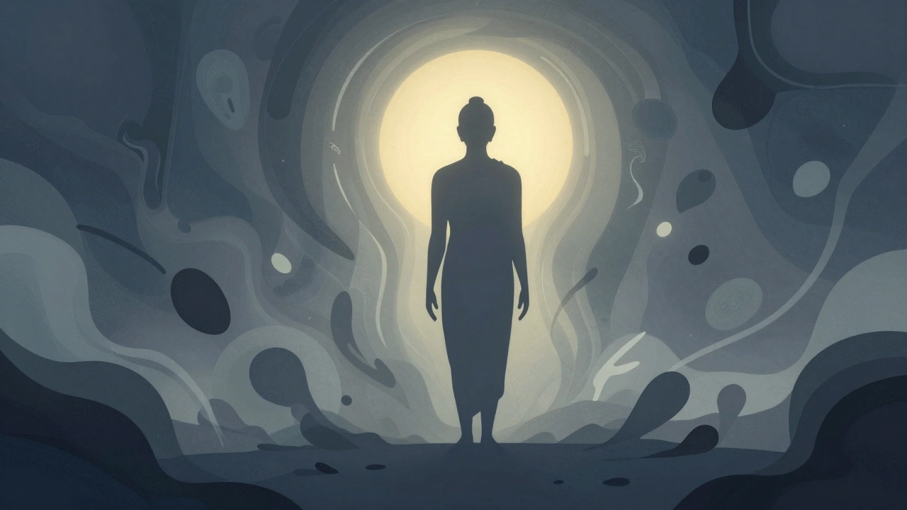 Silhouette standing calmly amidst swirling chaos, representing steady wisdom and detachment.