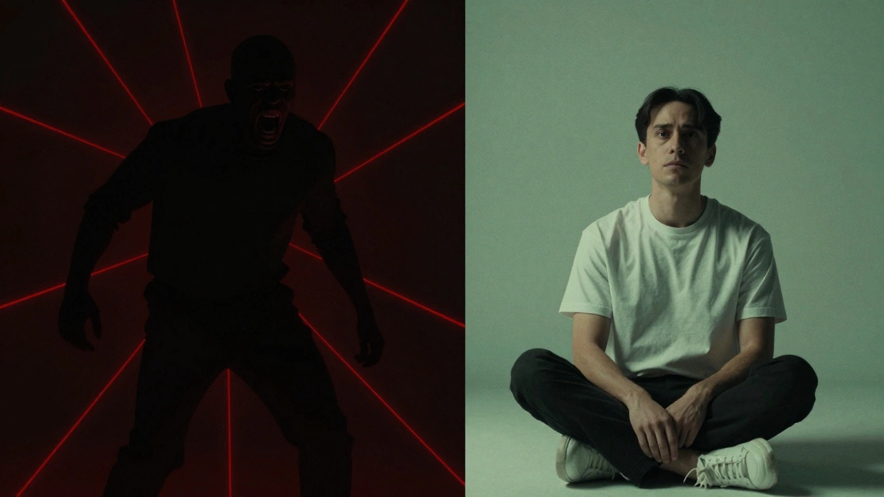 Split image contrasting defensive arrogance with quiet confidence