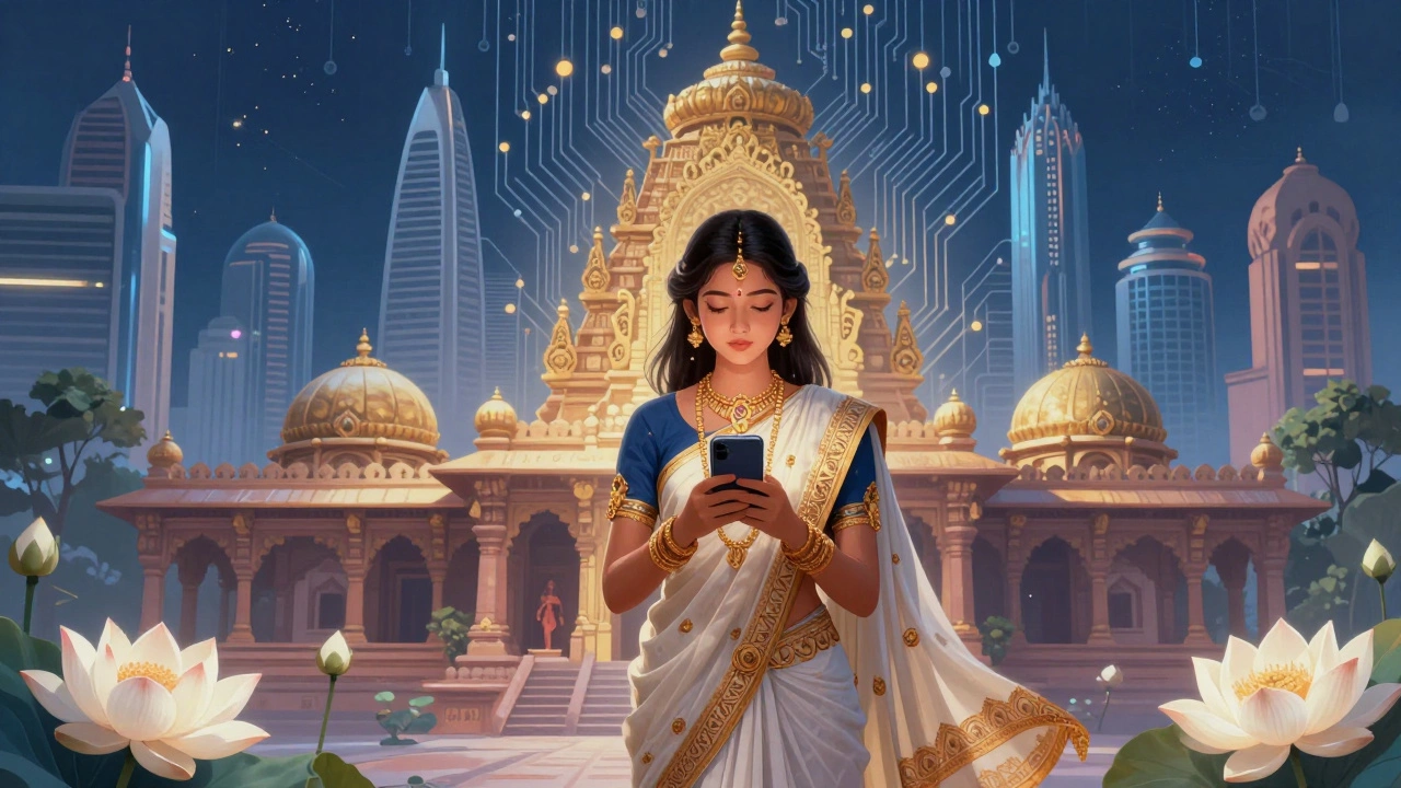 Traditional figure with smartphone near temple and skyscrapers