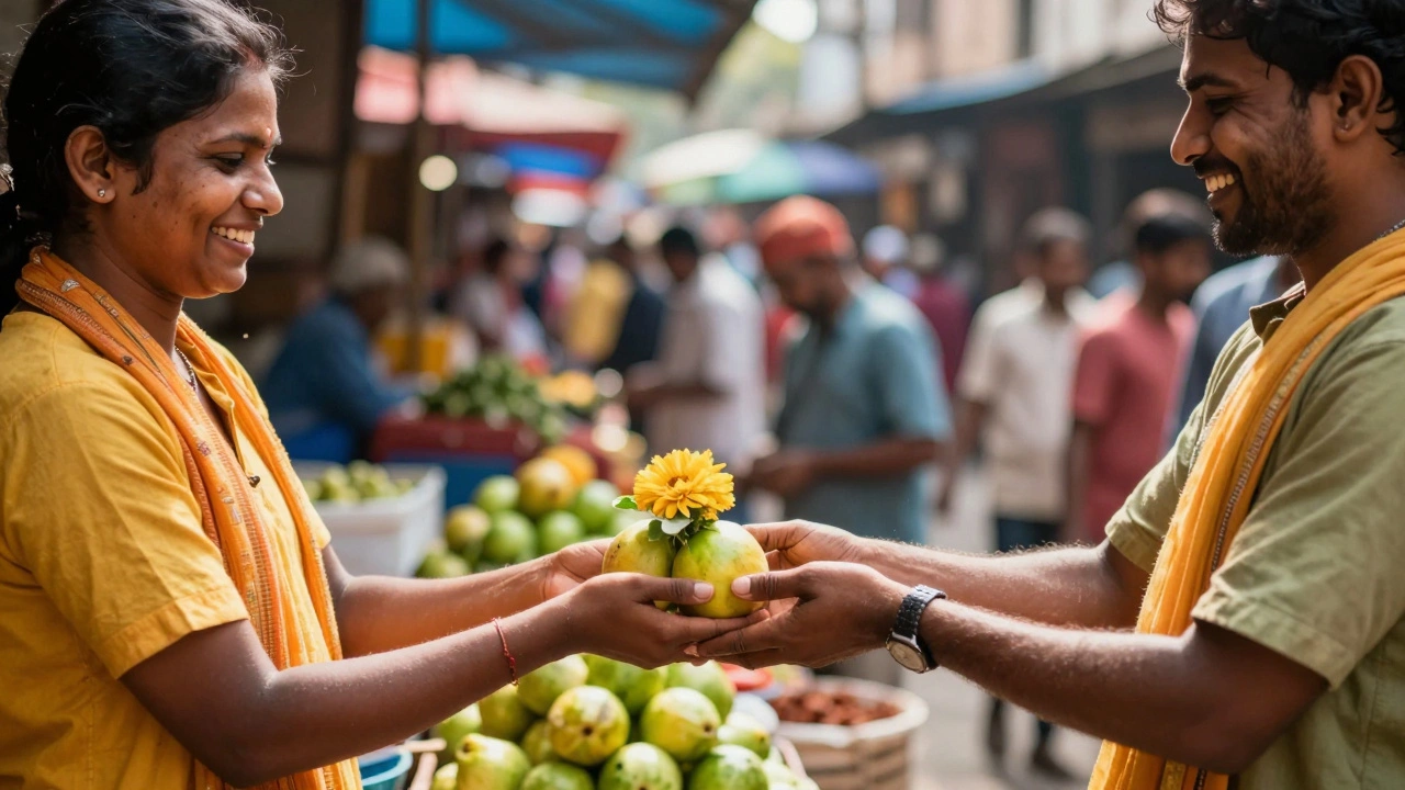 Vendor smiling while handing item to customer in colorful Indian market