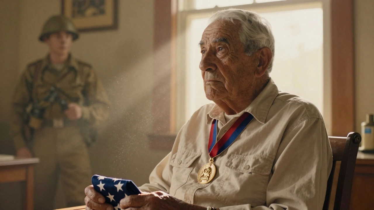 Elderly Native American veteran reflecting on his wartime service.