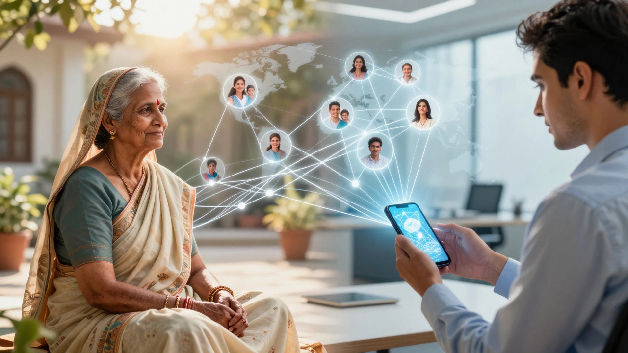 Elderly woman and young professional connected by glowing digital threads