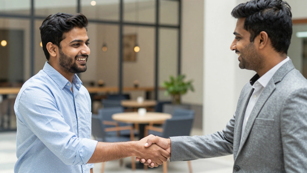 Friends shaking hands and smiling in a modern Indian urban cafe setting