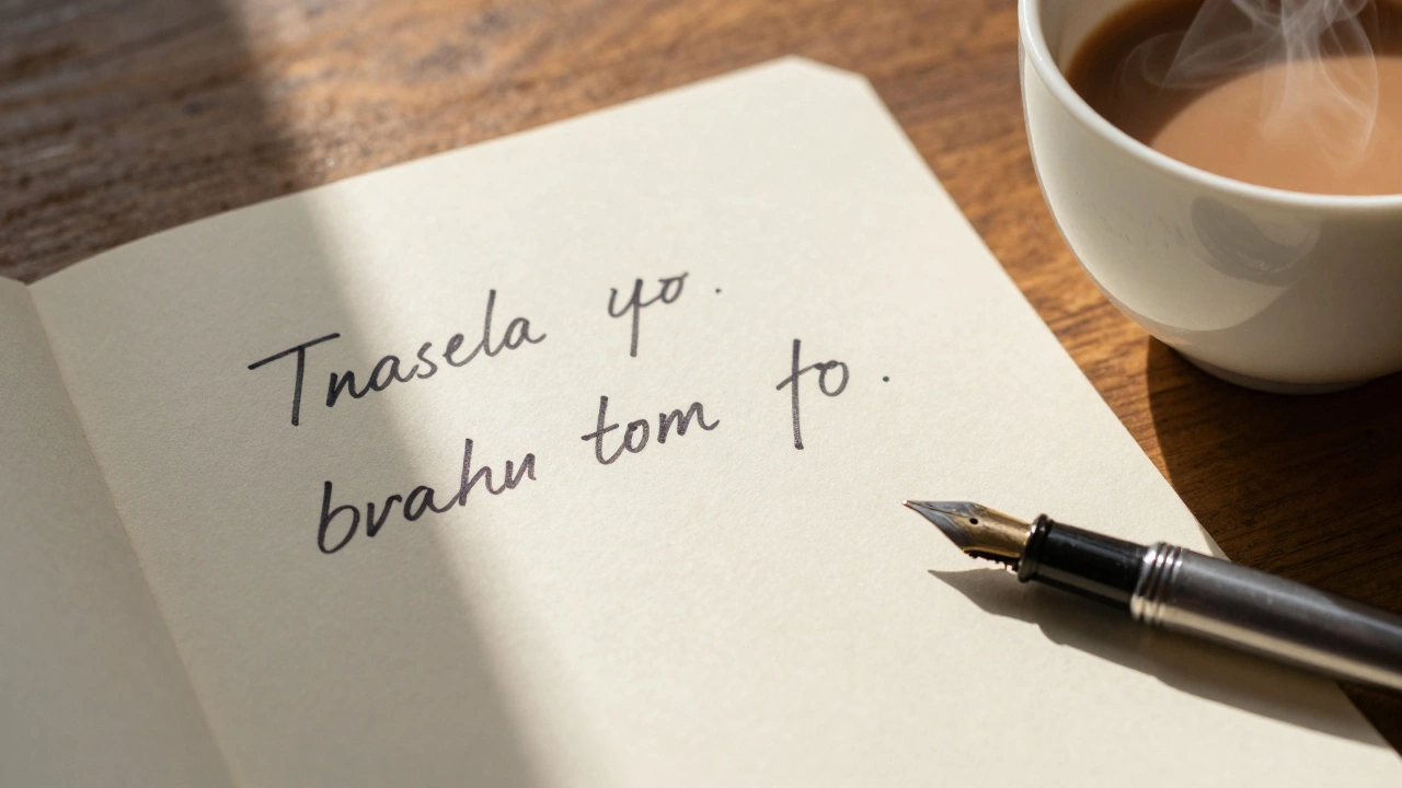 Handwritten note next to cup of chai