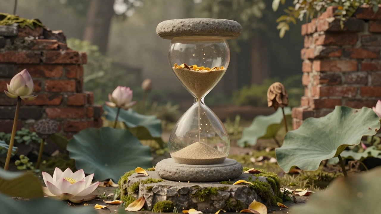 Hourglass with falling petals amidst crumbling ruins