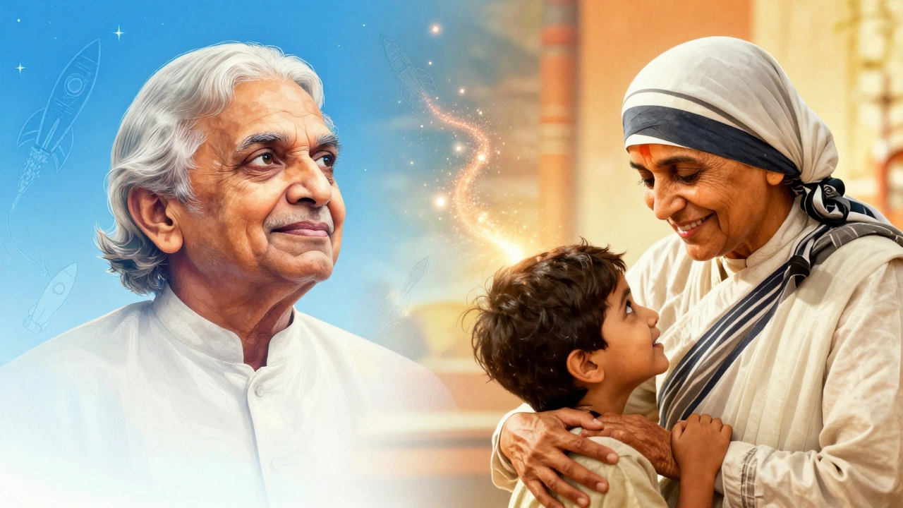 Illustration merging portraits of APJ Abdul Kalam and Mother Teresa with symbolic elements