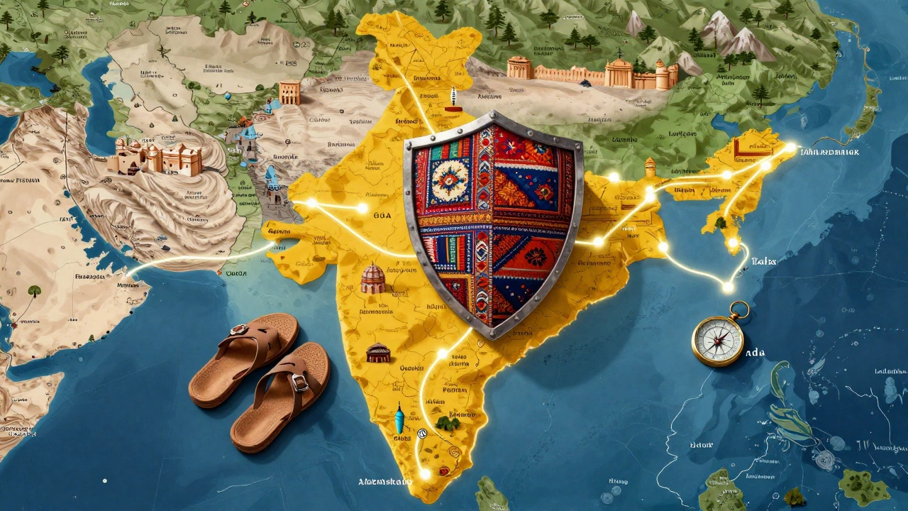 Illustration of India map with travel safety symbols and routes