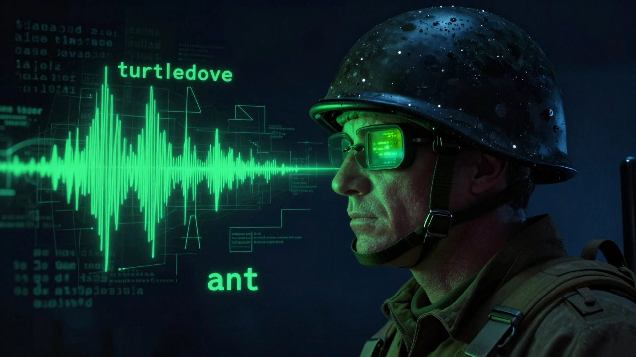 Navajo Marine transmitting secret messages via radio with visualized code.