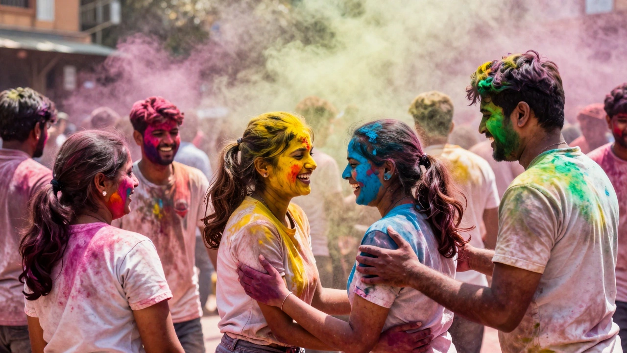 People celebrating Holi festival, covered in colorful powder, laughing together