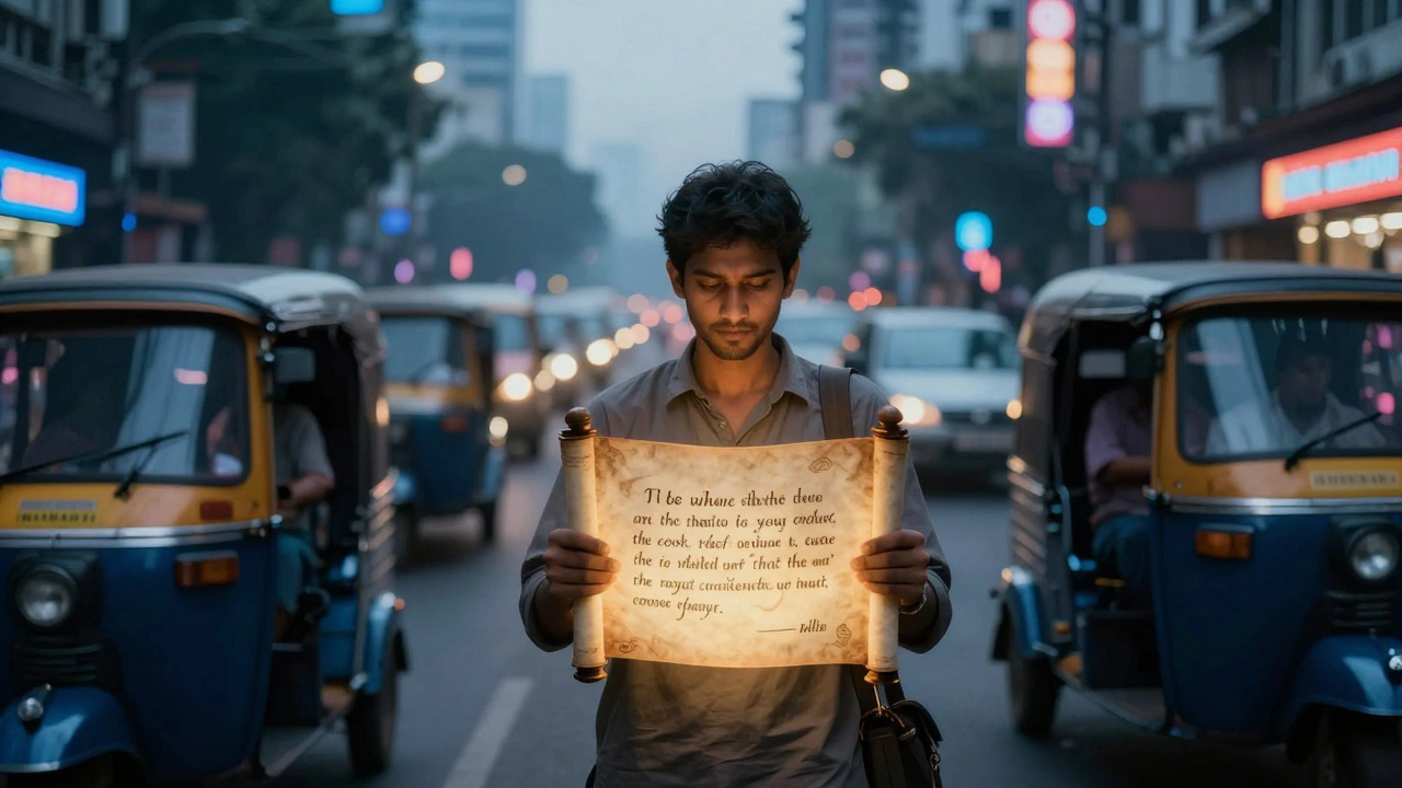 Person finding calm via ancient wisdom amidst chaotic city traffic