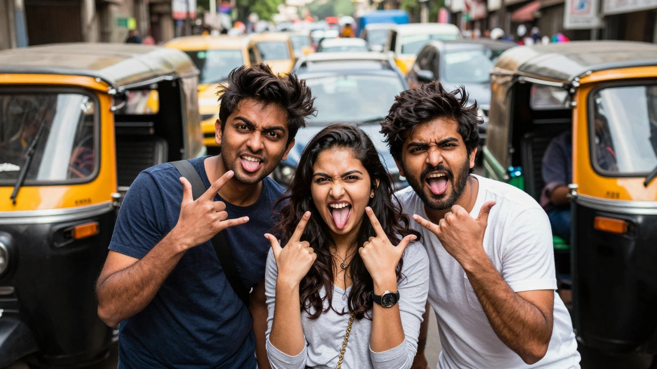 Three friends posing playfully in busy Delhi traffic