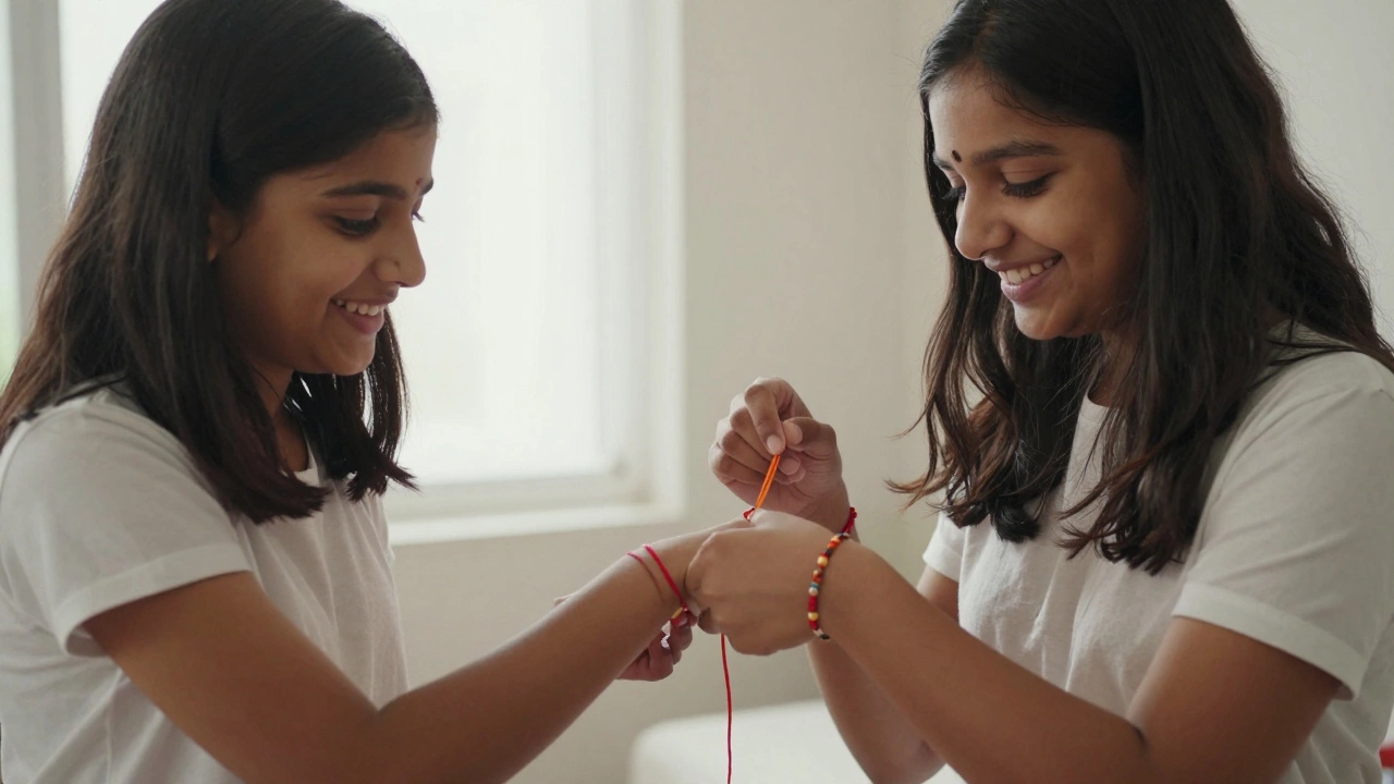 Two friends tying Rakhis on each other's wrists