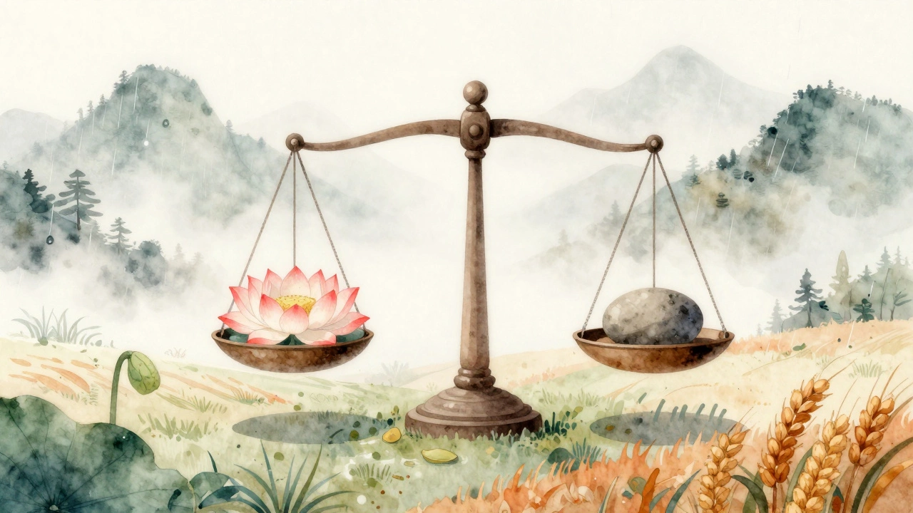 Watercolor art of a balance scale with lotus and stone, symbolizing karma