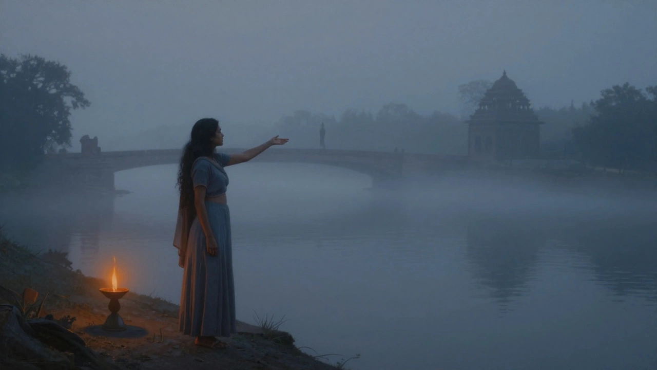 Woman reaching across misty river in longing twilight scene