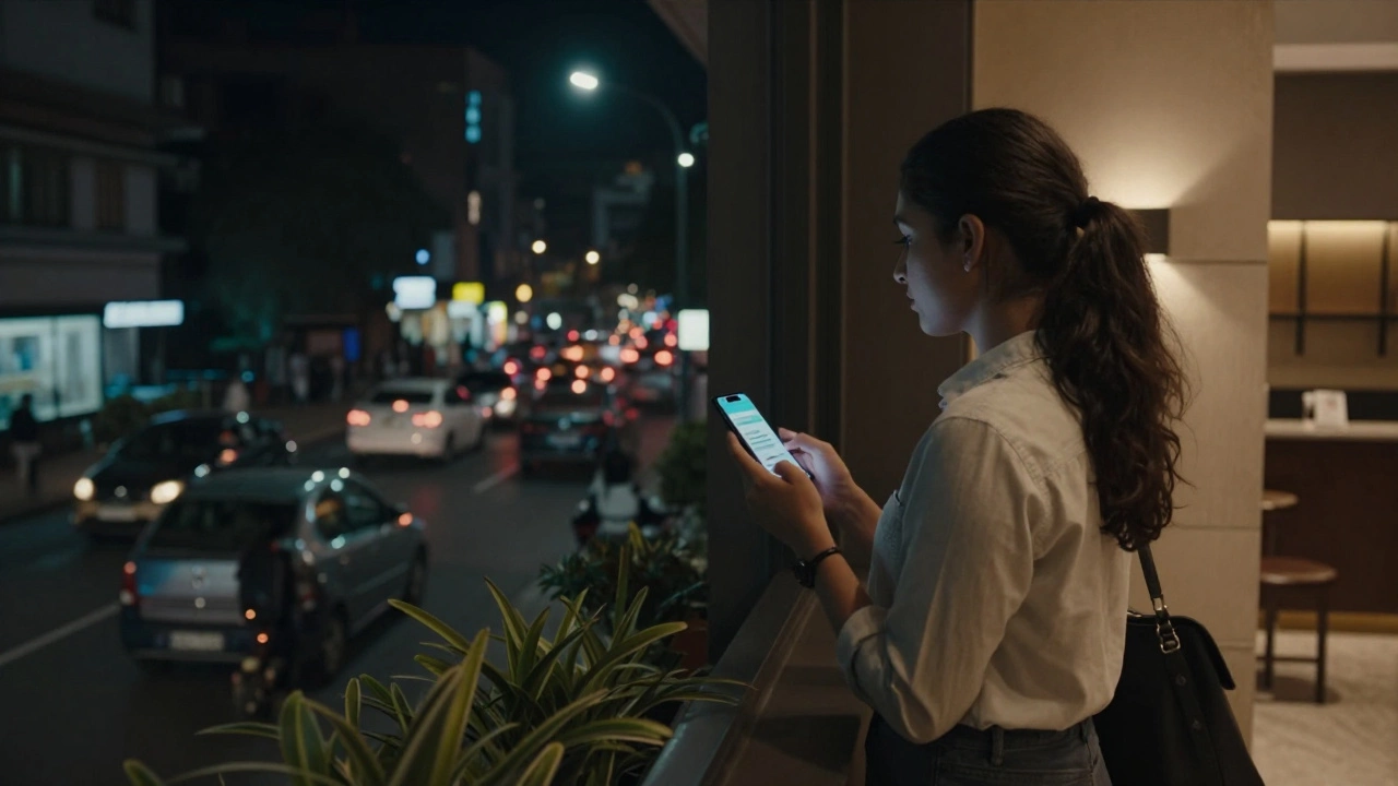 Woman waiting safely in a lit hotel lobby at night with phone