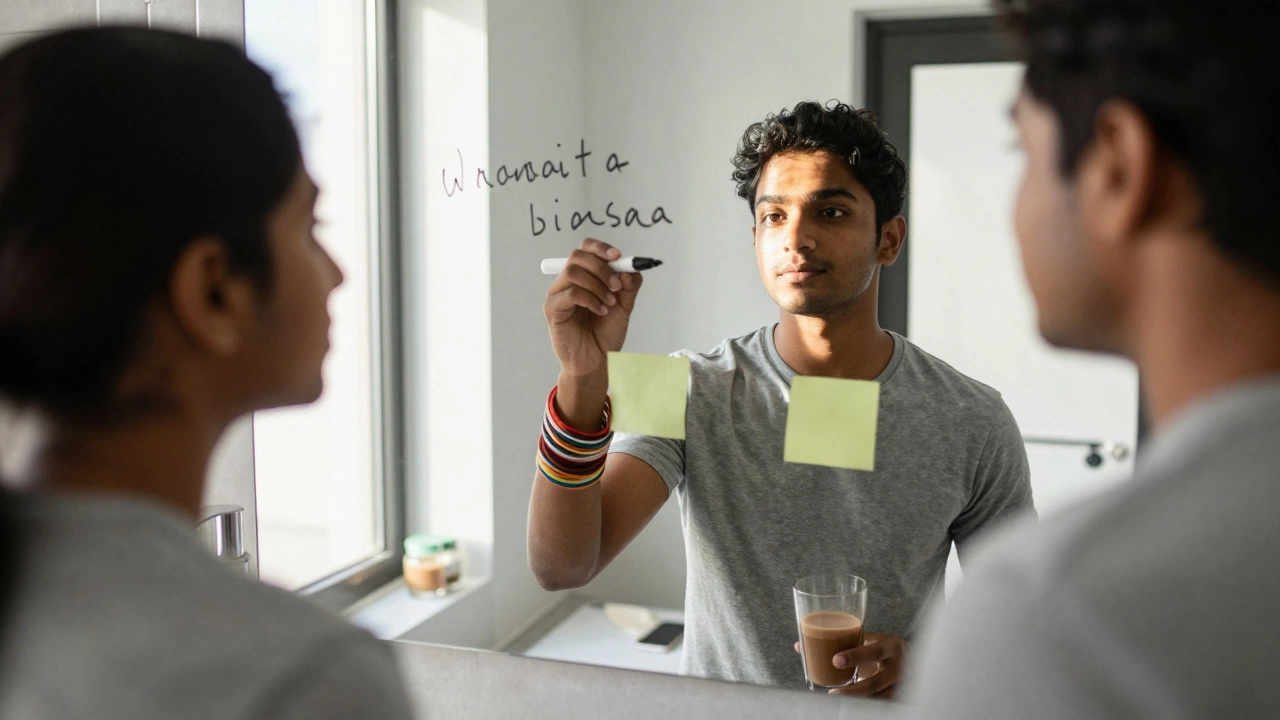 Young Indian woman writing a personal mantra on a sticky note in a sunlit bathroom
