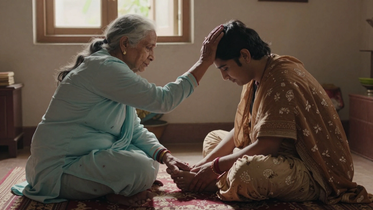 Young person touching elder's feet in a traditional Indian home blessing ritual
