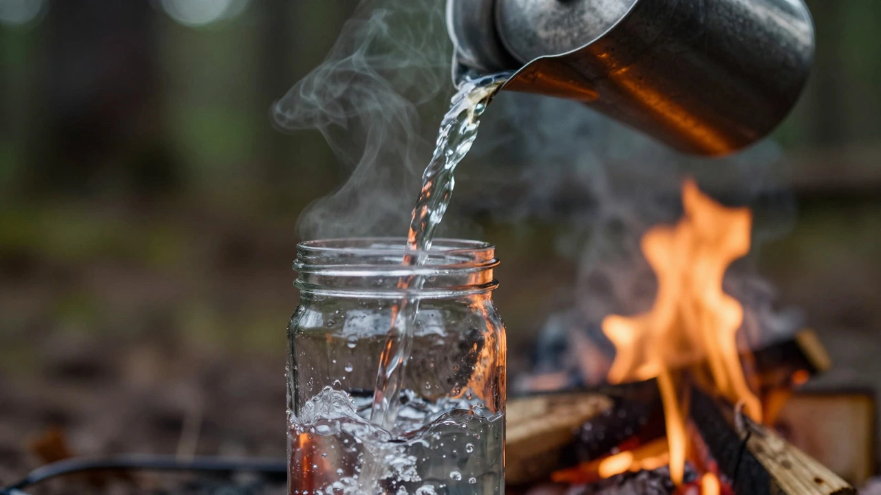Boiling water over campfire for purification