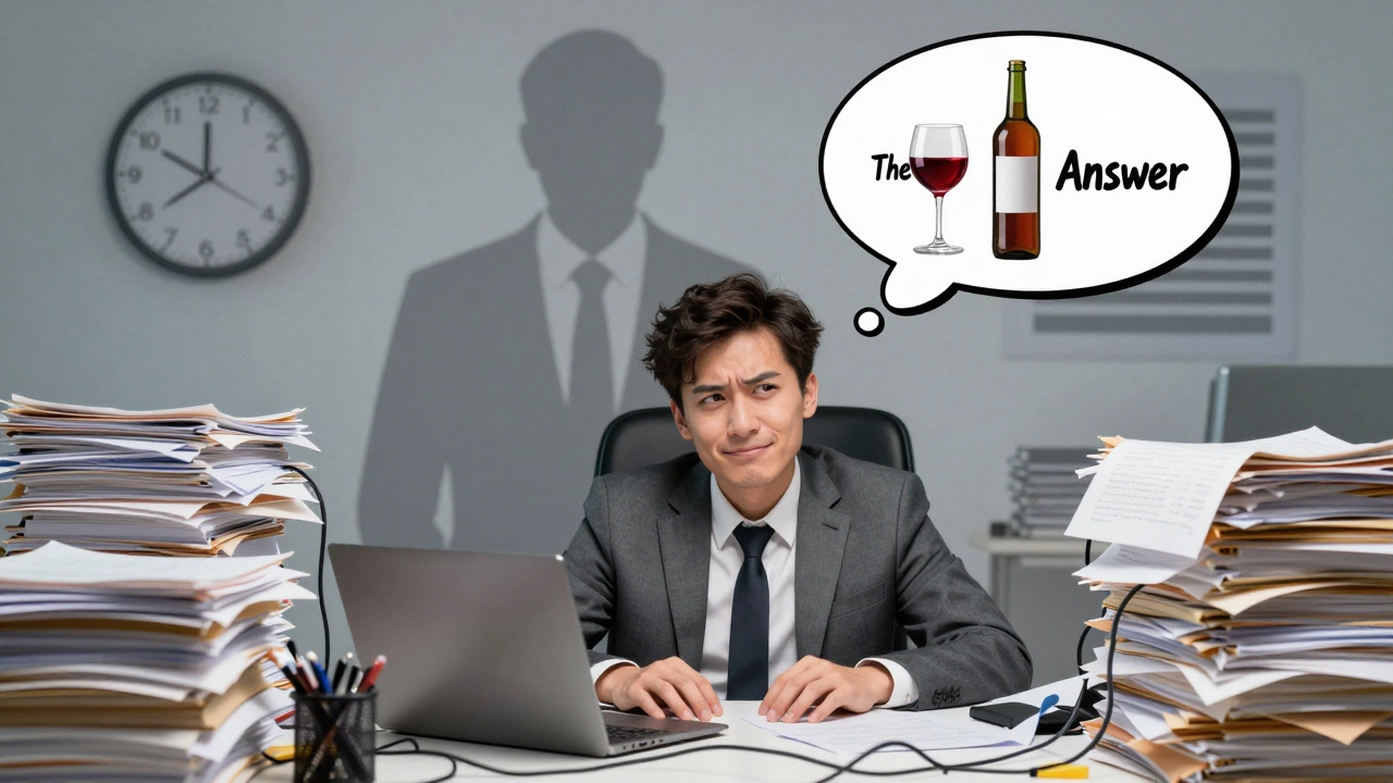 Exhausted office worker with humorous thought bubble about wine