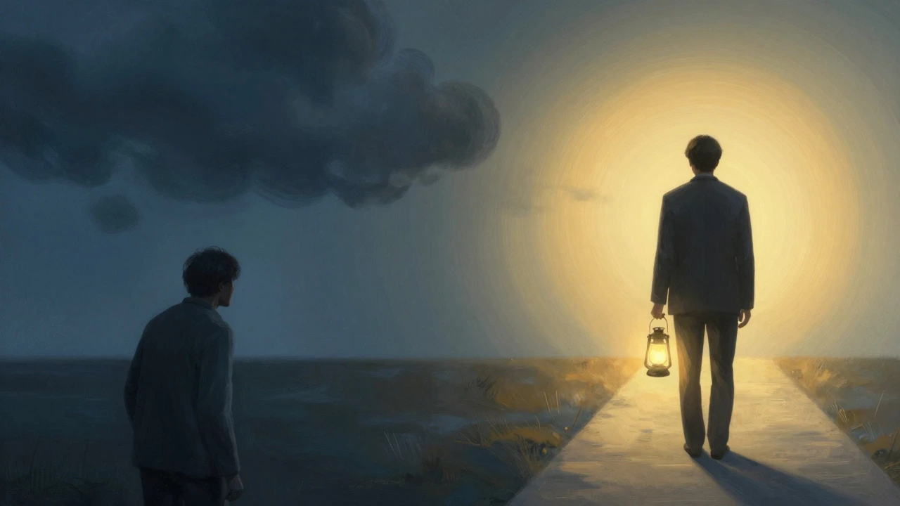 Figure turning from dark shadows of fear toward a bright path of hope