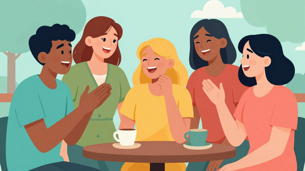 Friends laughing together in a bright, colorful outdoor setting