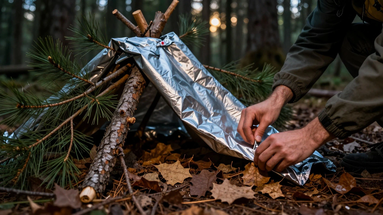 Hands building emergency shelter with blanket